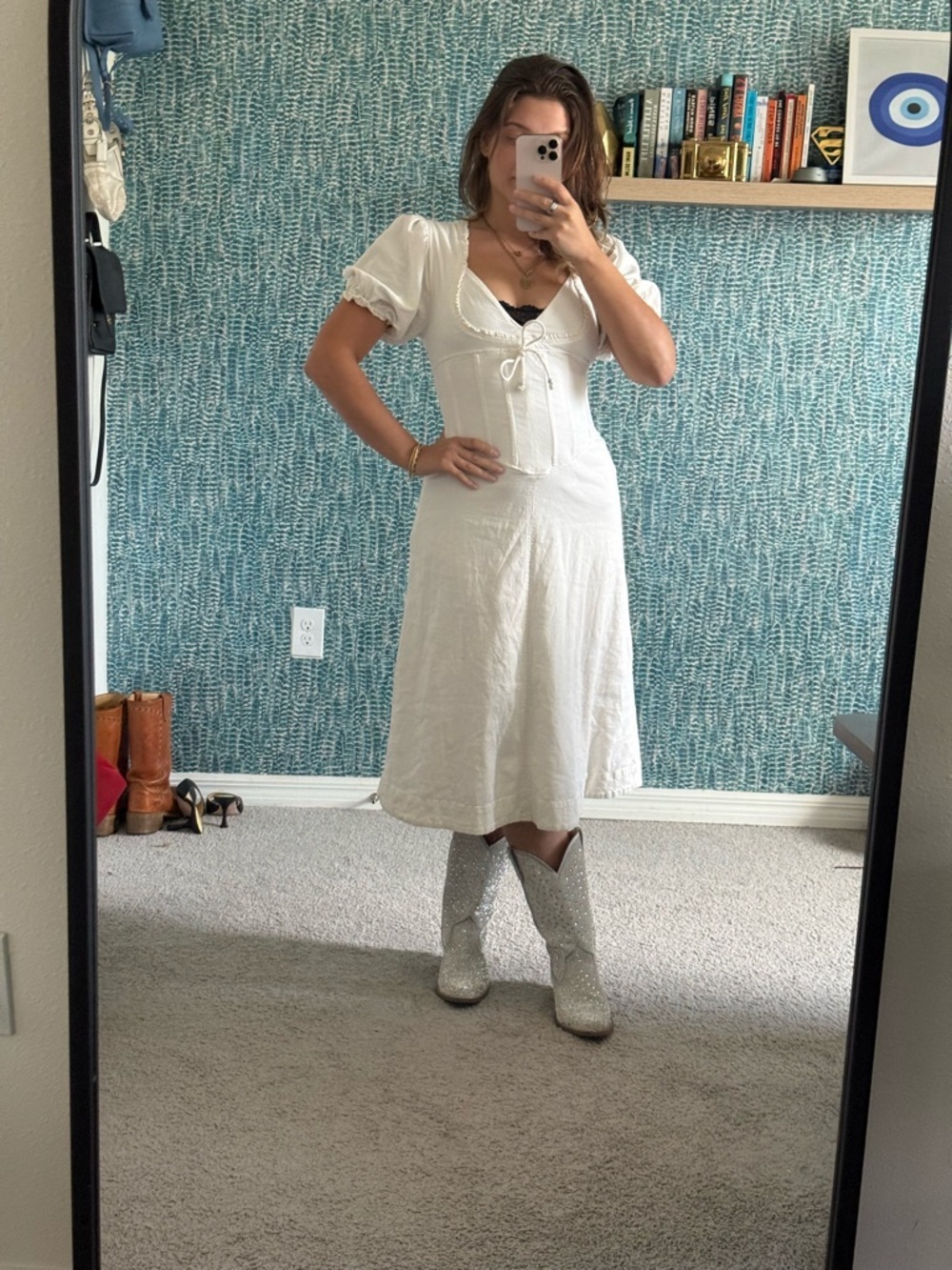 Anthropologie Maeve White Puff-Sleeve Corset Midi Dress size medium